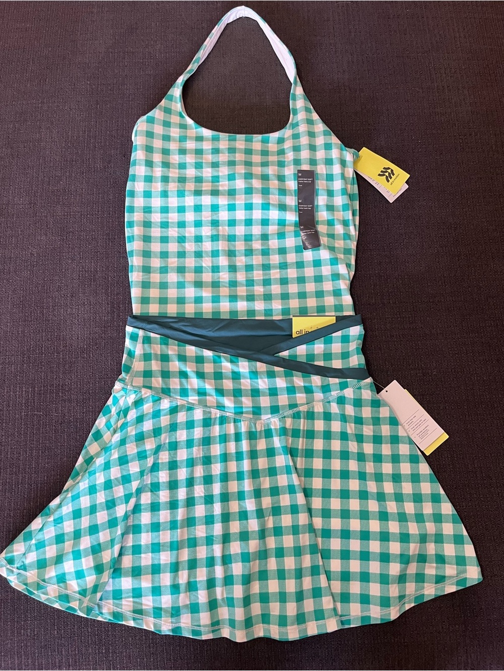 All in Motion Green Gingham Halter Top and Skort with Dark Green Waistband NEW